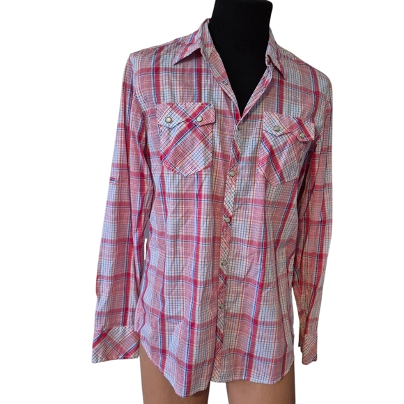 Western Red Plaid Pearl Snaps Shirt Mens Medium - Picture 1 of 9